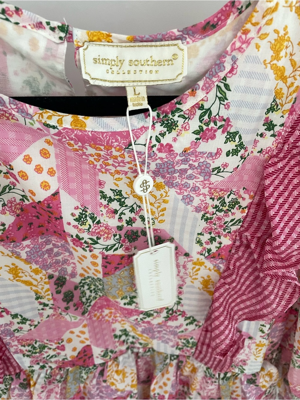 NEW Simply Southern Pink Patchwork Tiered Ruffled Long Sleeve Maxi Dress NWT G53 - Picture 2 of 7